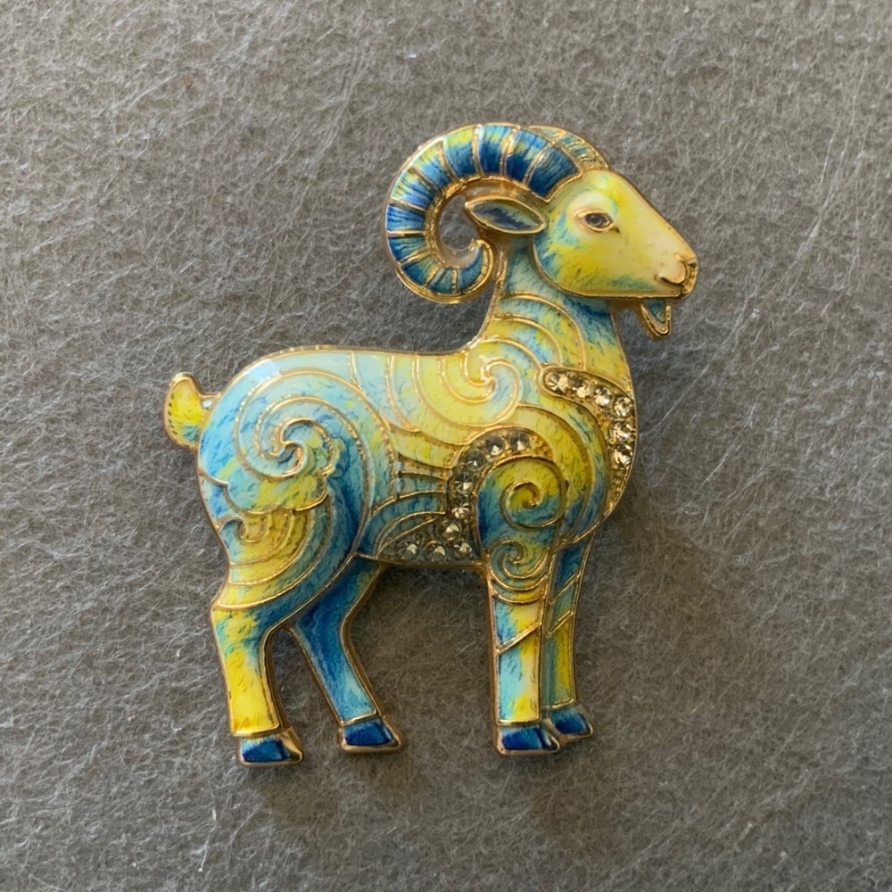Aries Ram Enamel Brooch Pin Gold Tone Rhinestone Zodiac Sheep Goat Animal Pin